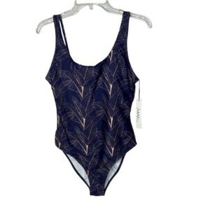 Nicole Miller Navy With Gold Details Leaf Print One-Piece Swimsuit. Size Large.